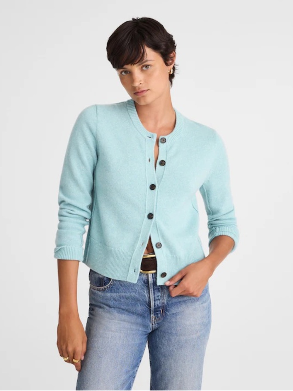 Madewell Cashmere Button-Front Cardigan Sweater in mint blue NWT